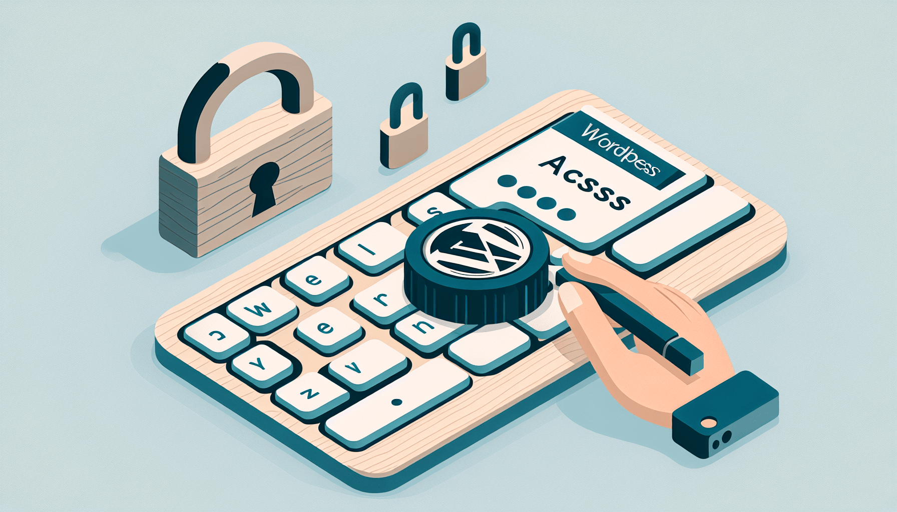 Ilustracja bezpieczeństwa WordPress z klawiaturą i kłódkami.