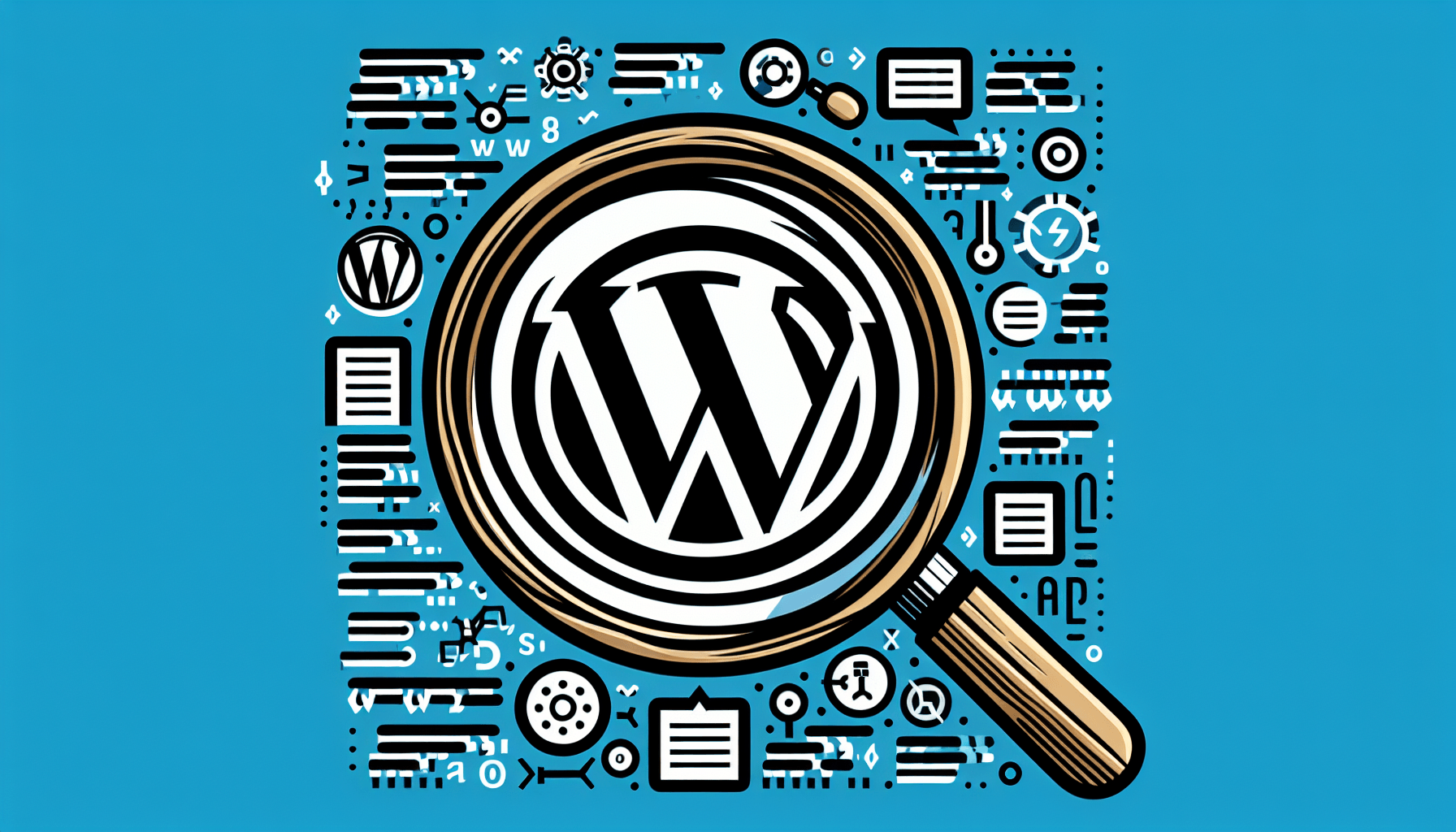 Logo WordPress otoczone ikonami na niebieskim tle.