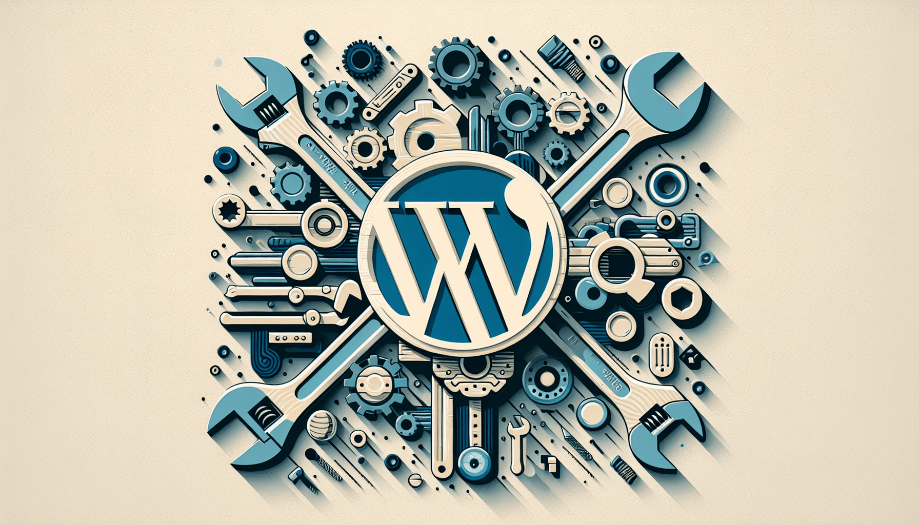 Logo WordPress otoczone narzędziami i kołami zębatymi