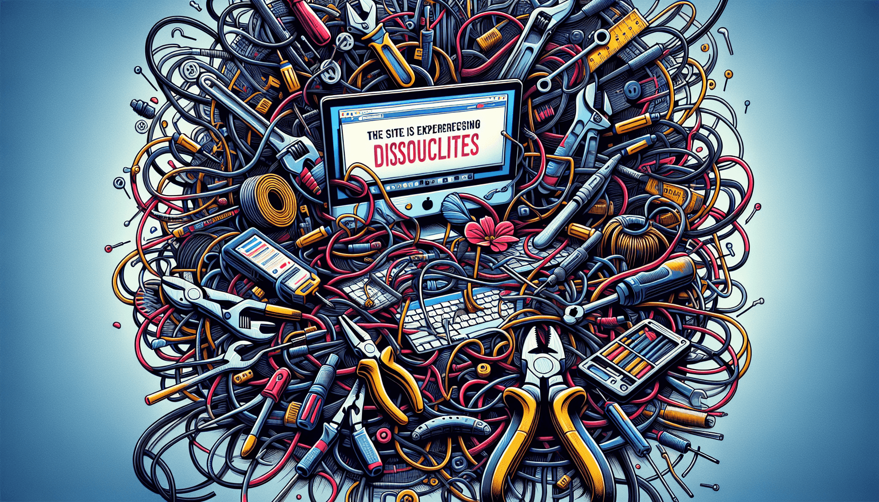 Ilustracja awarii strony z kablami i narzędziami.