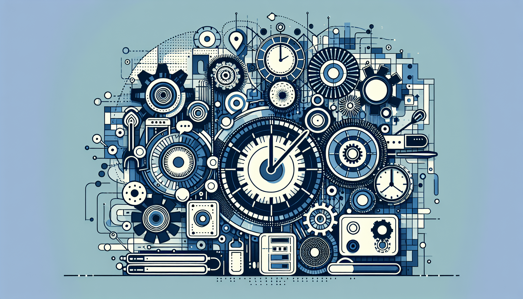 Ilustracja zegarów, kół zębatych i wykresów technologicznych.