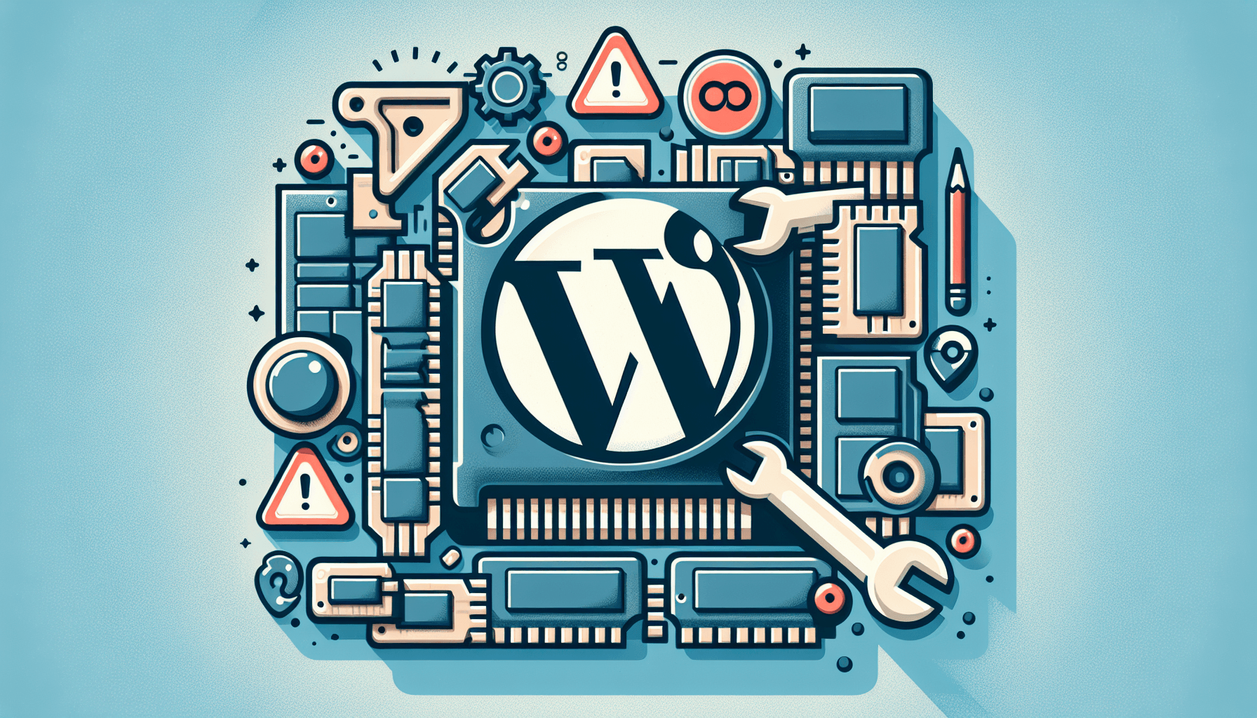 Ilustracja WordPress z narzędziami i mechanizmami.