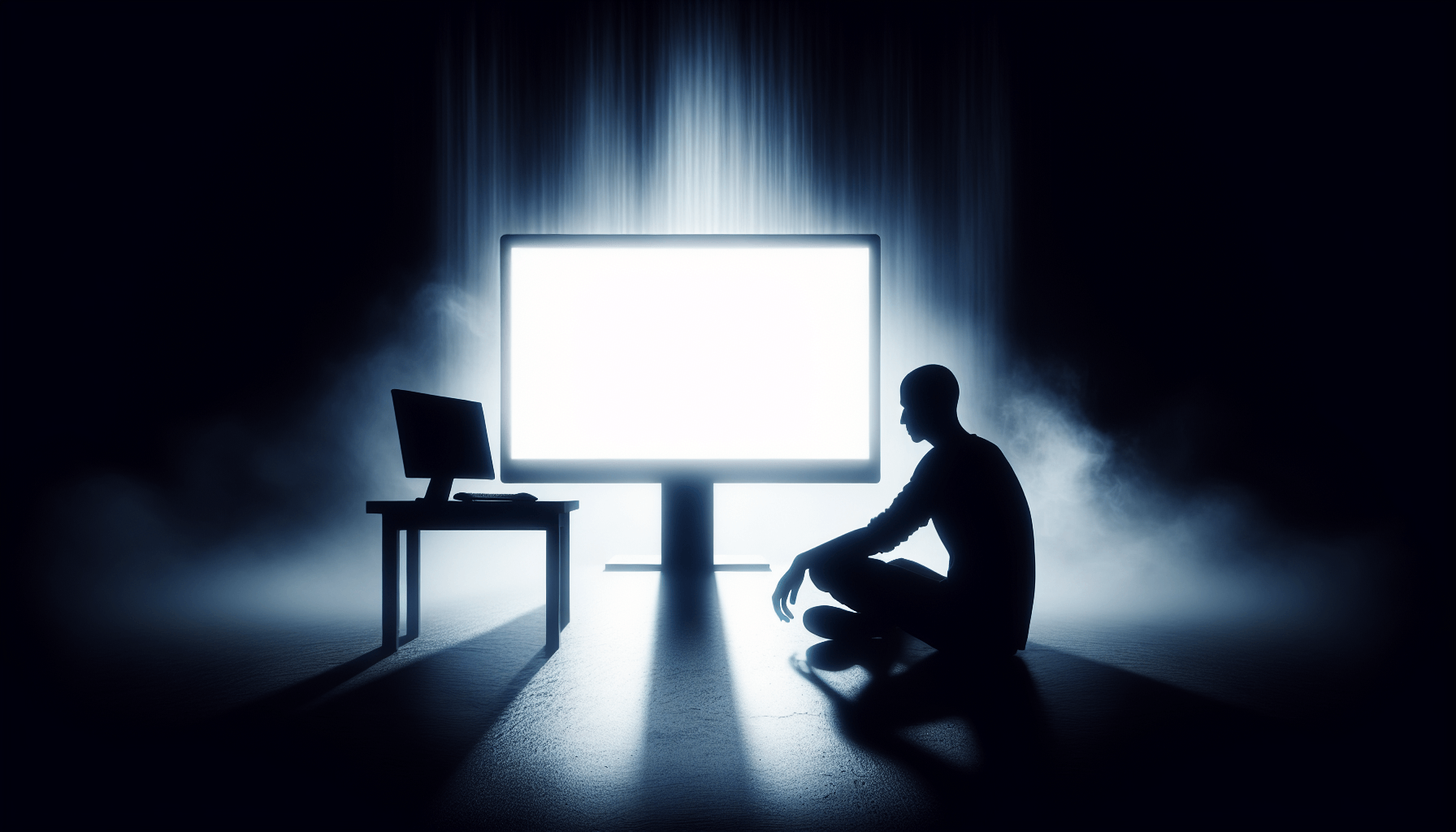 Osoba siedzi przed jasnym ekranem, ciemne tło.