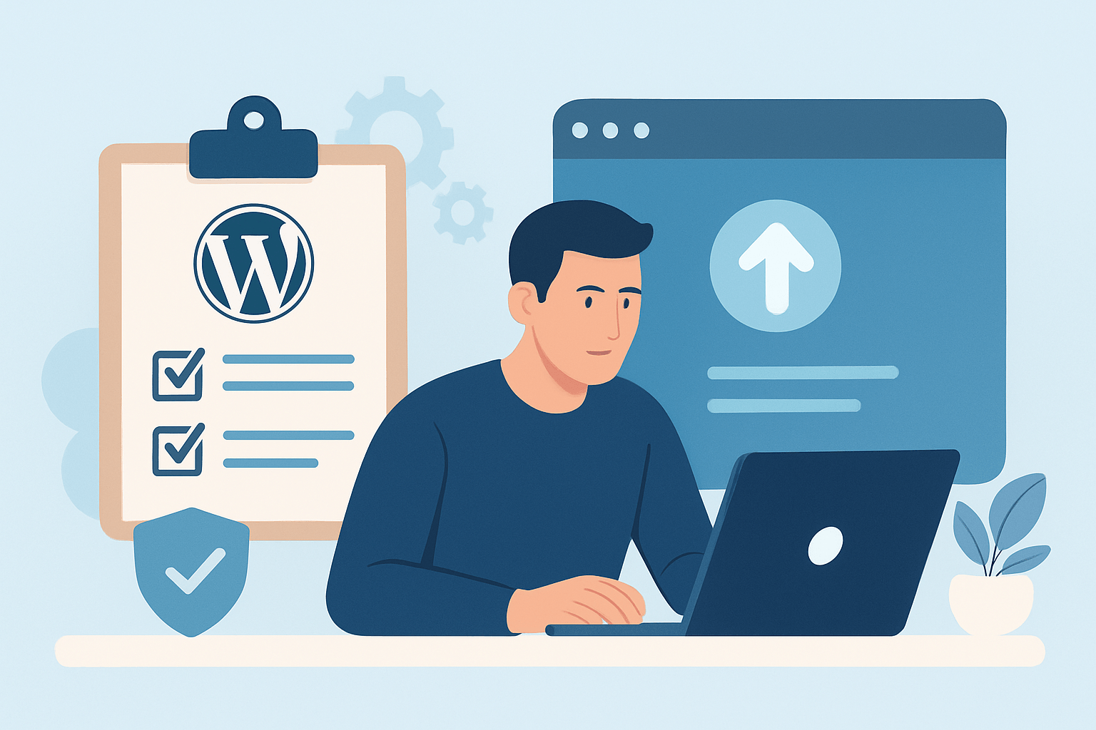 Mężczyzna pracujący na laptopie przy WordPressie