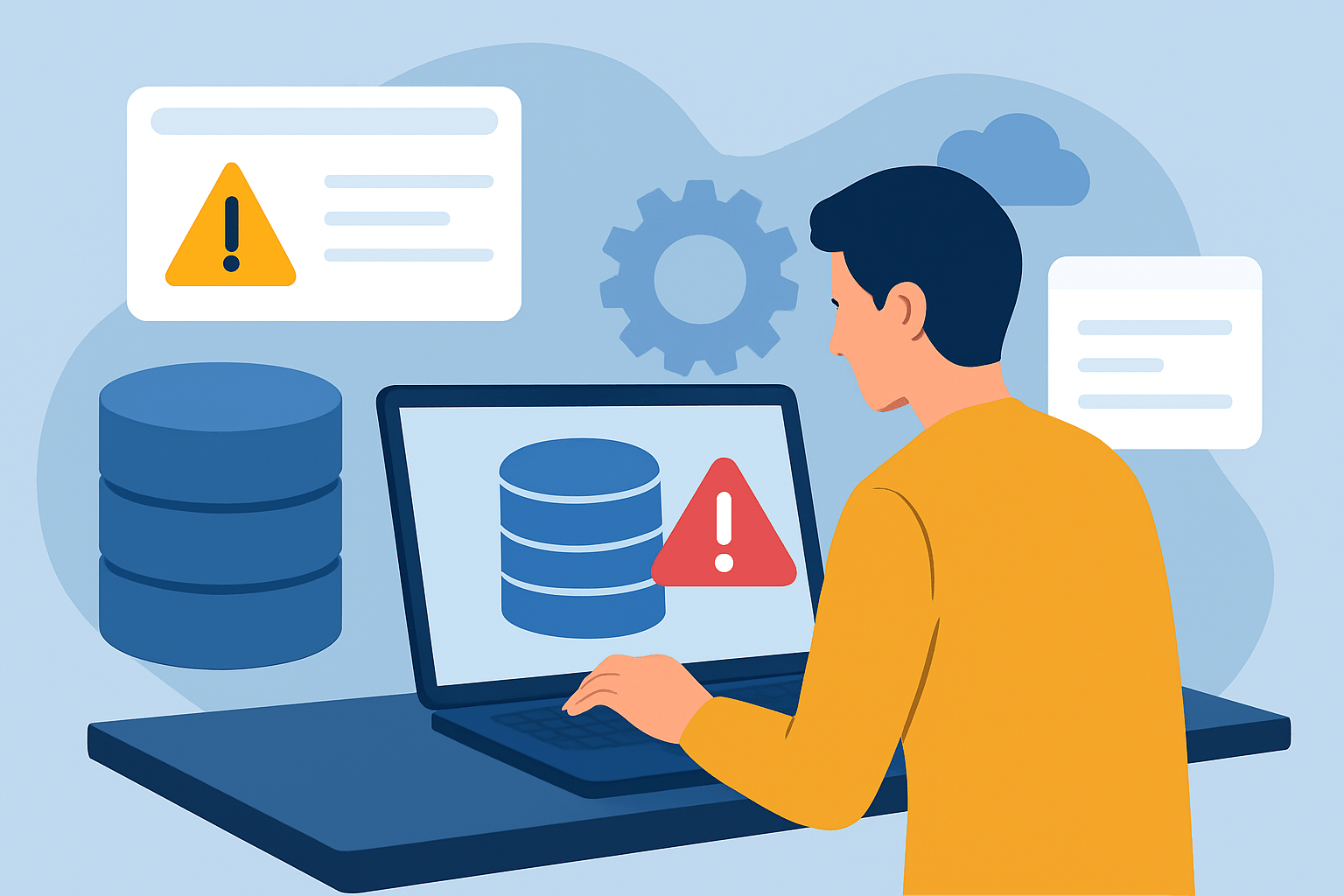 Mężczyzna pracujący przy komputerze z ostrzeżeniem