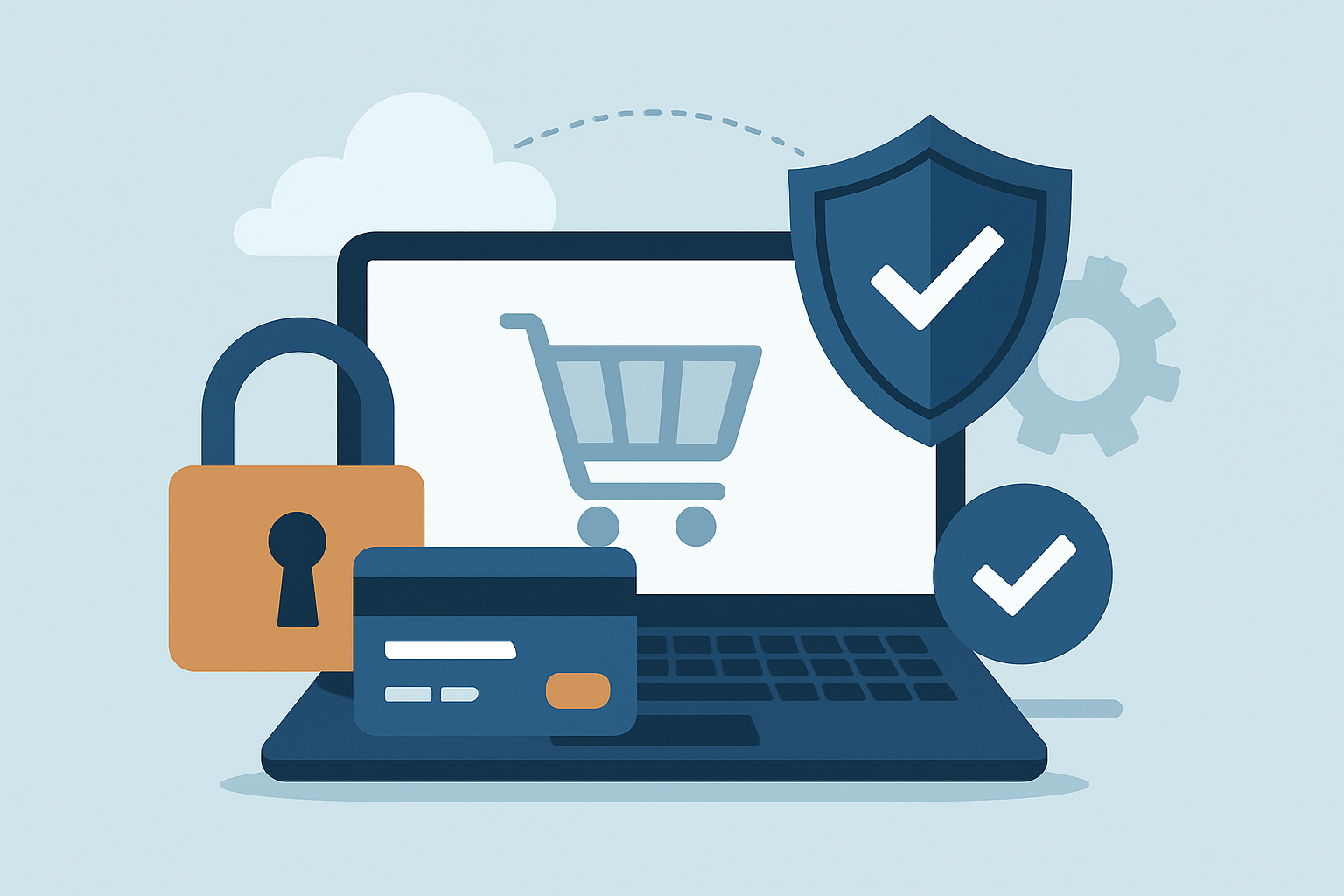 Laptop z koszykiem i symbolem bezpieczeństwa