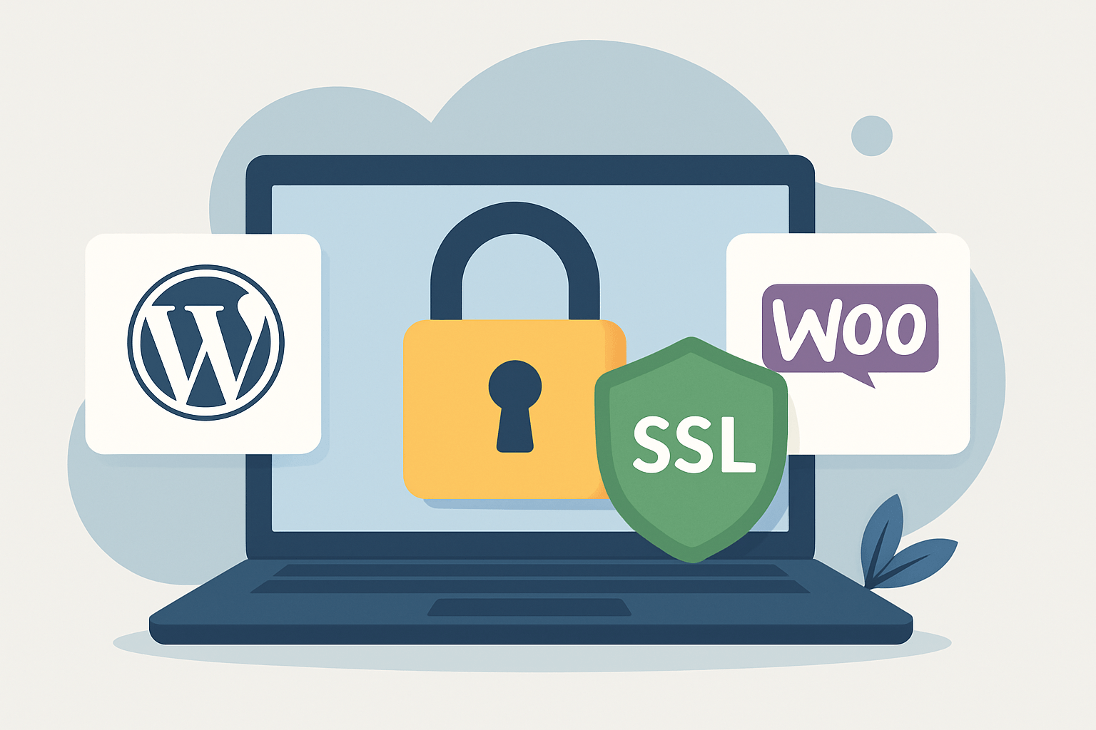 Komputer z ikonami WordPress i WooCommerce