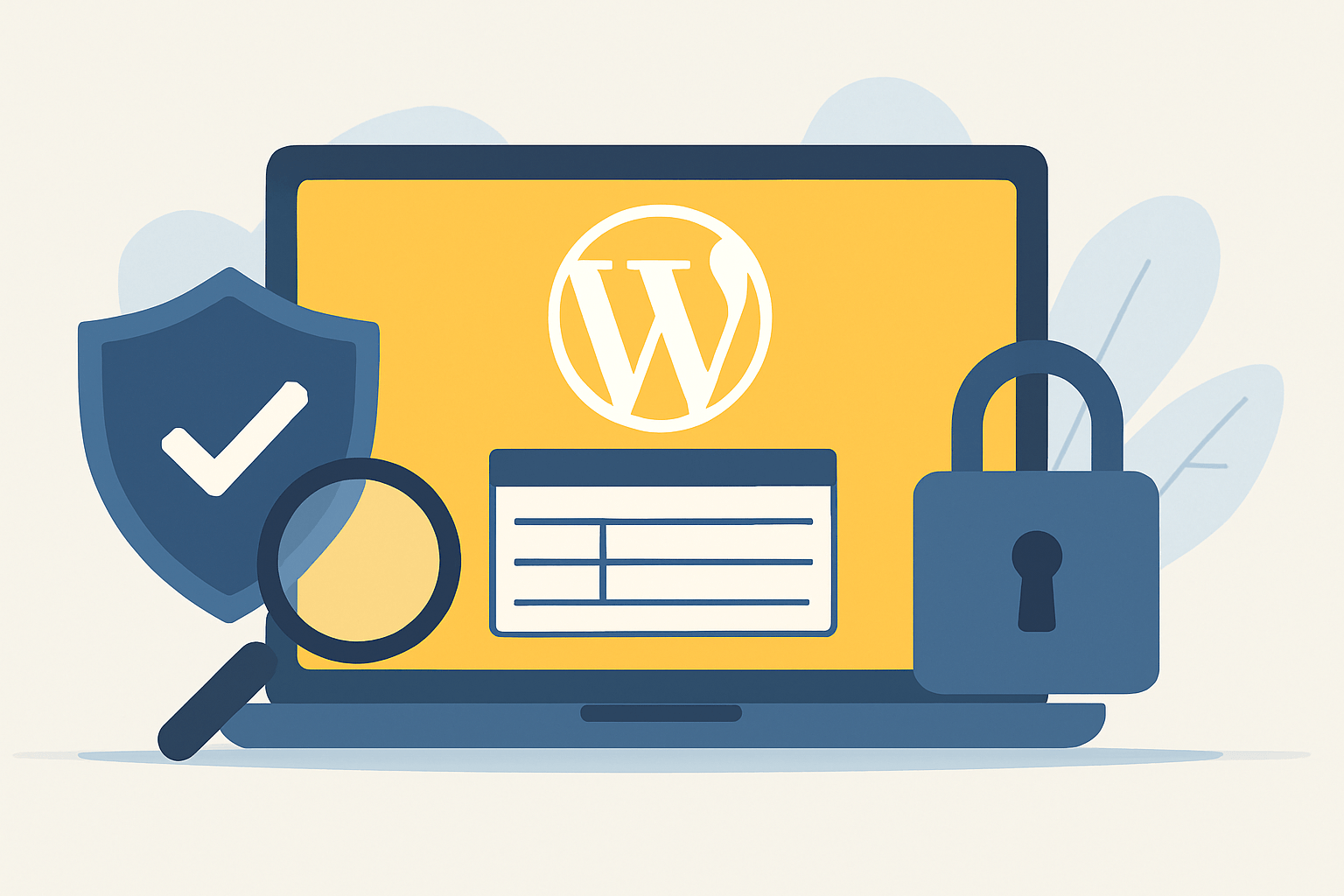 Laptop z logo WordPress i ikonami bezpieczeństwa