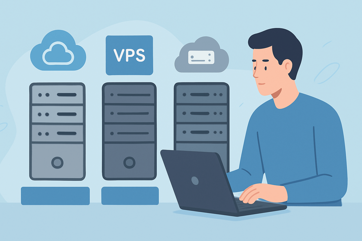 Mężczyzna przy laptopie obok serwerów