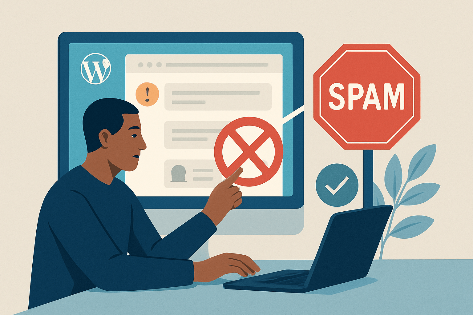 Mężczyzna zarządzający spamem w WordPressie