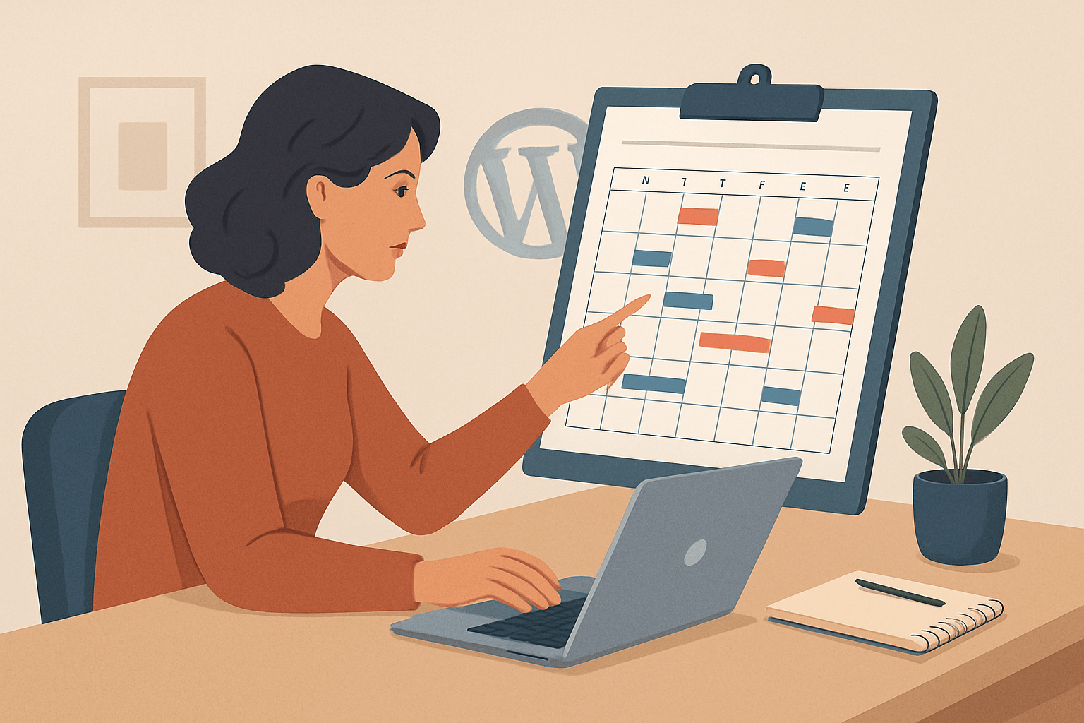 Kobieta pracująca przy laptopie z kalendarzem