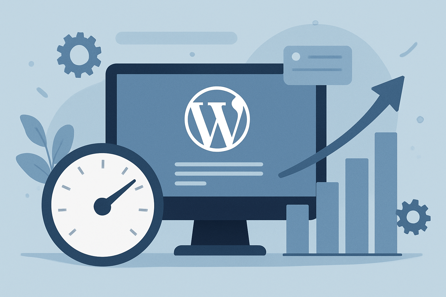 Komputer z logo WordPress i wykresami