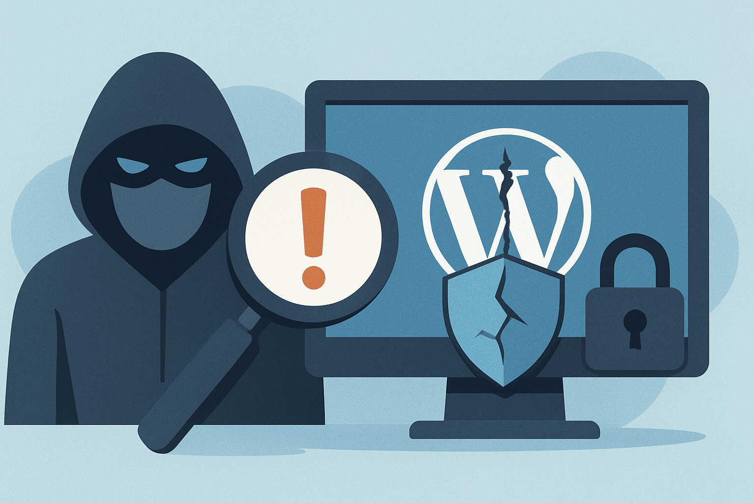 Haker z komputerem i symbolem ostrzeżenia