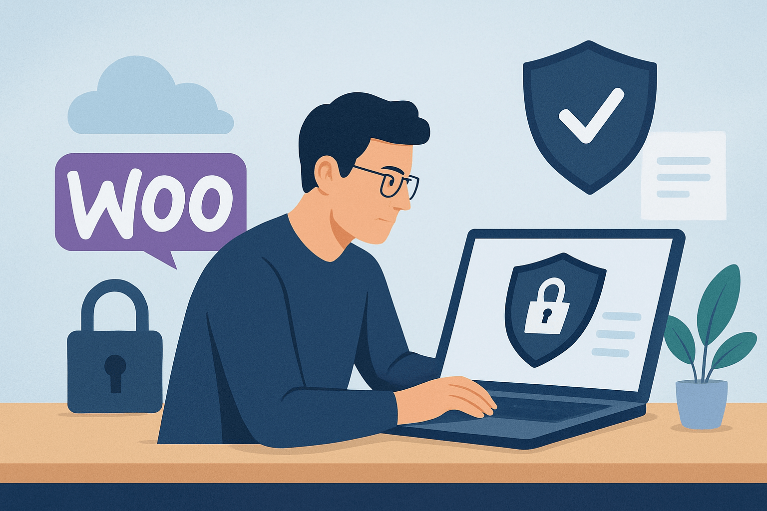 Mężczyzna pracujący na laptopie z zabezpieczeniami