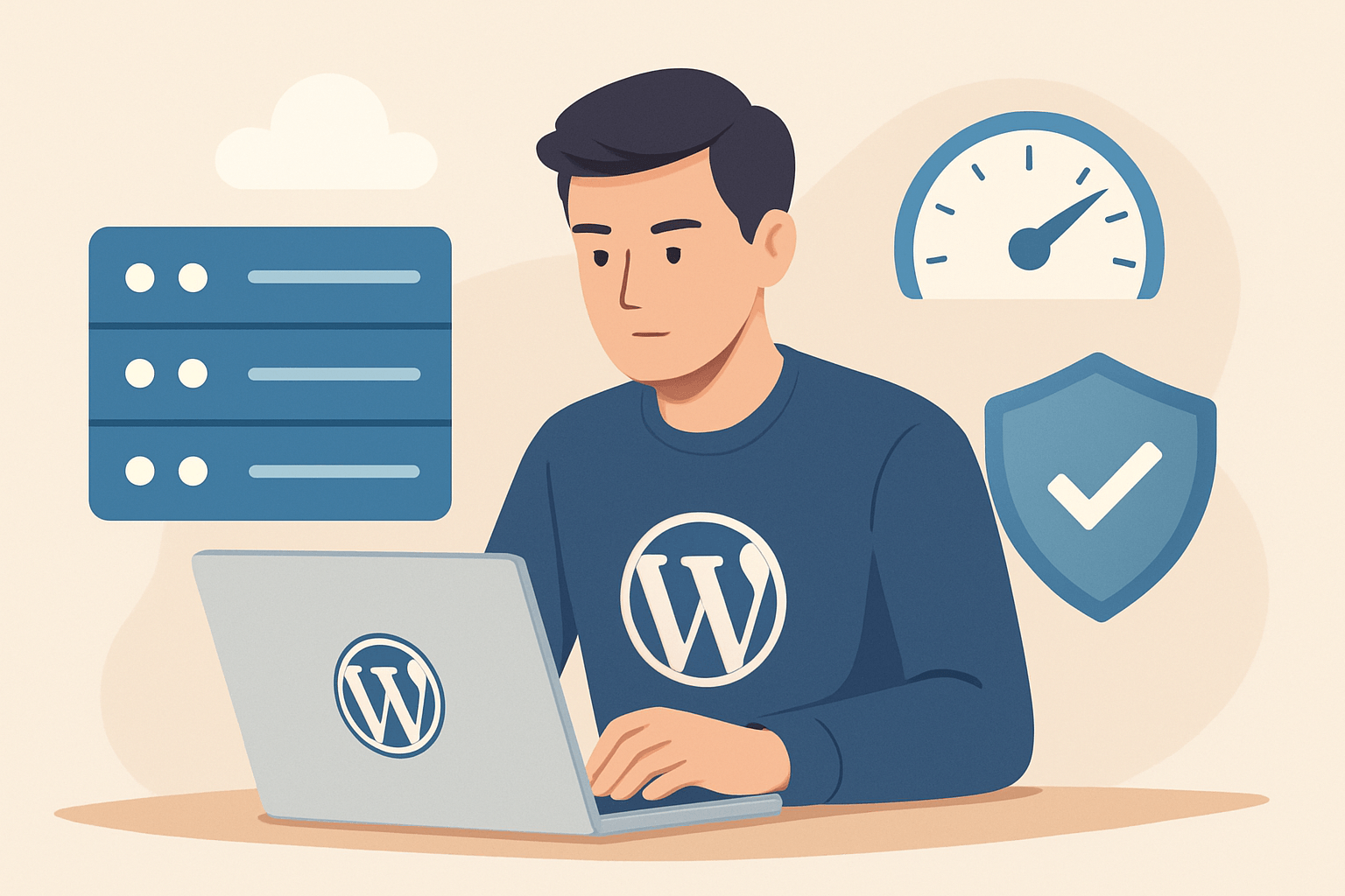 Mężczyzna pracujący na laptopie z WordPressem