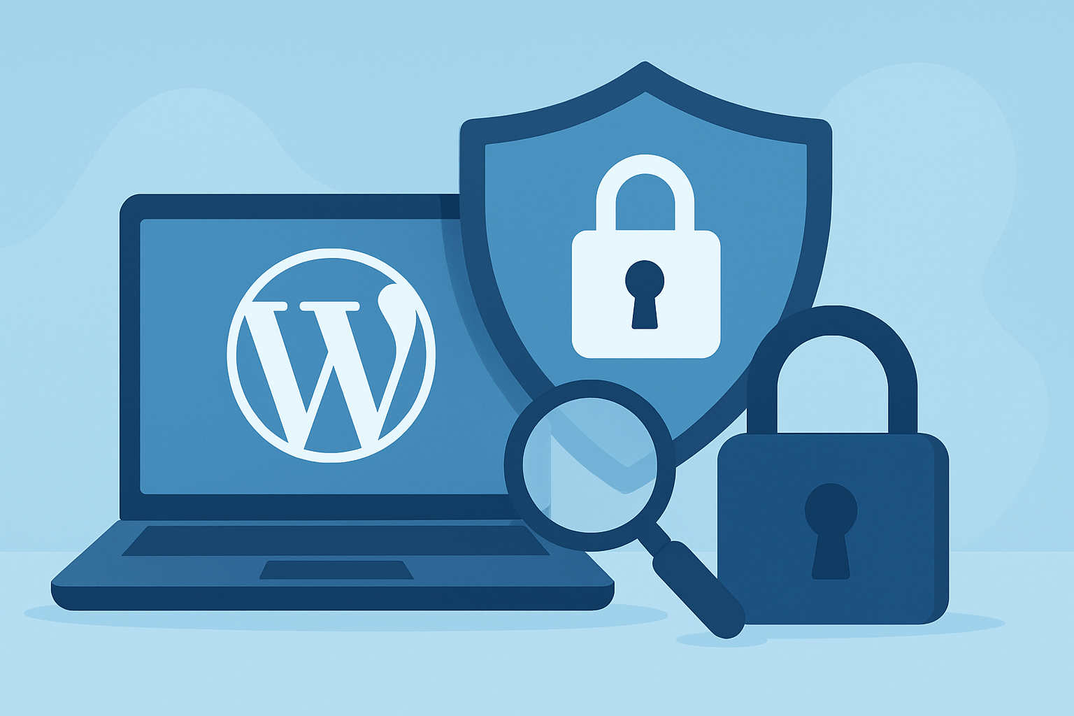 Laptop z symbolem WordPress i zamkiem