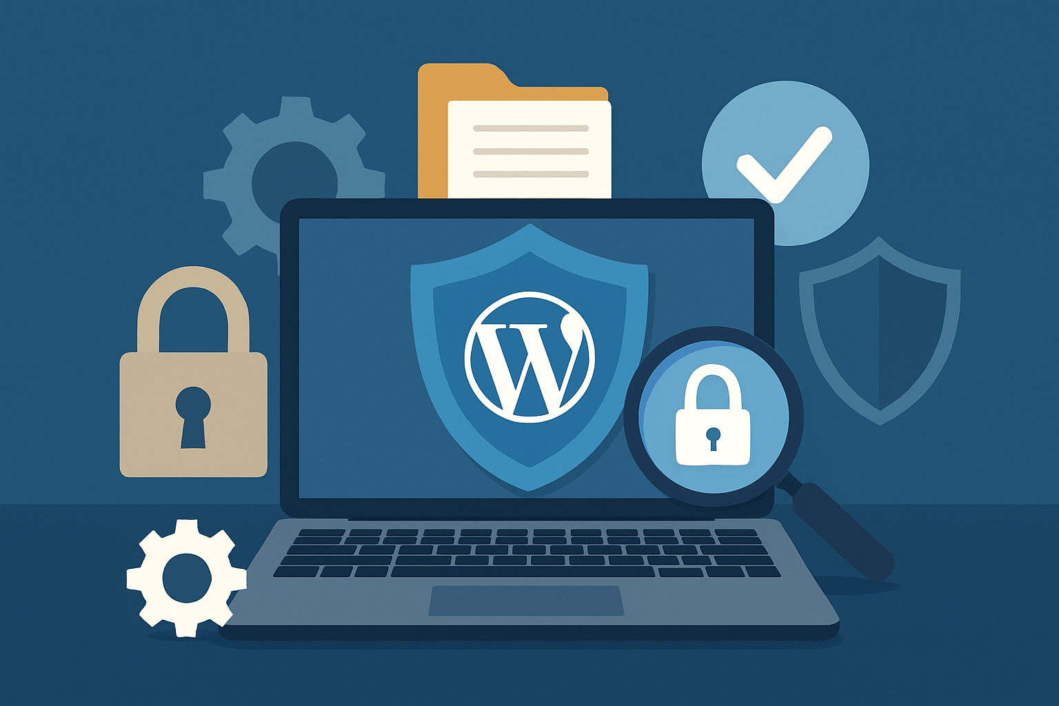 Laptop z ikonami zabezpieczeń WordPress