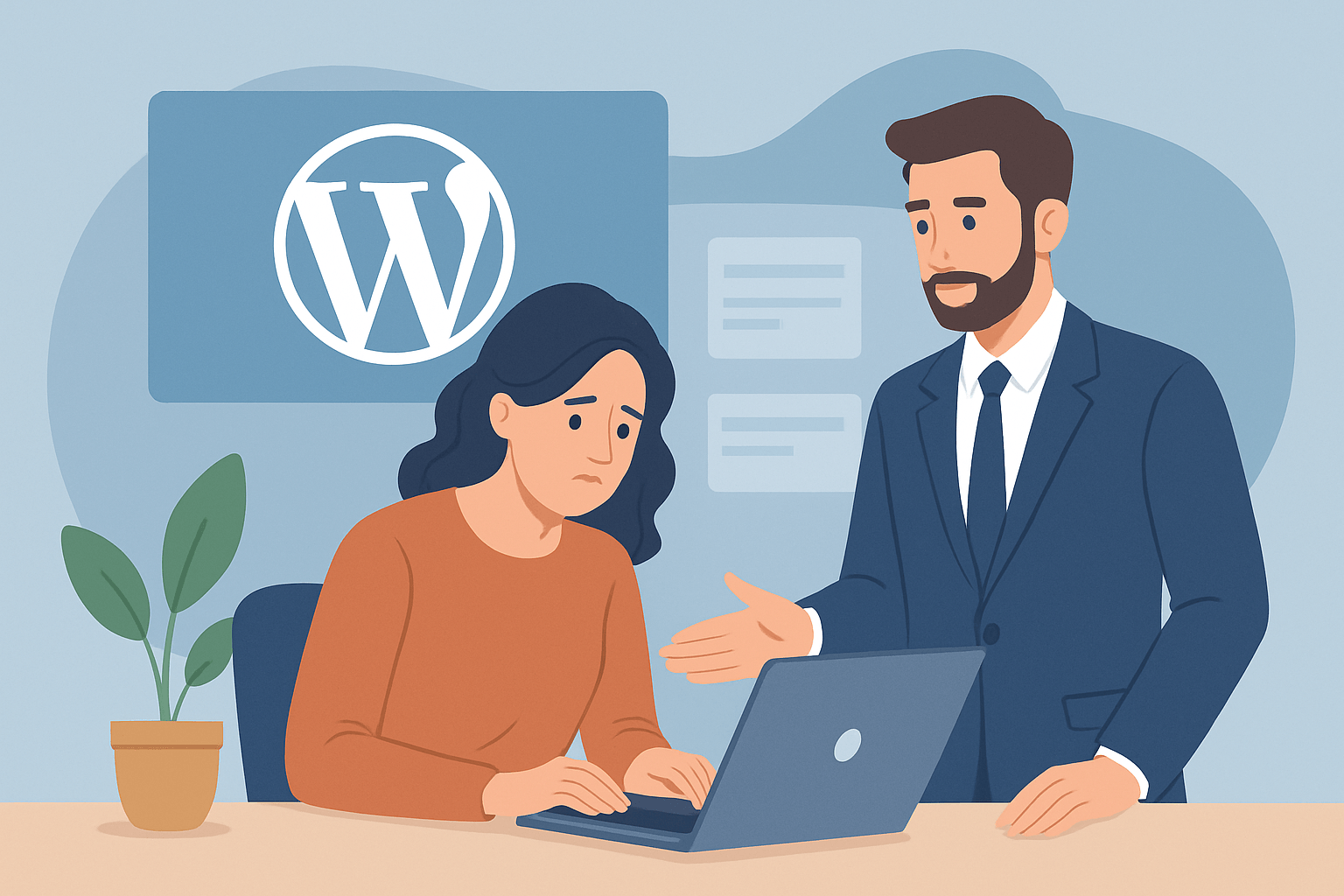 Kobieta przy komputerze, mężczyzna doradza.