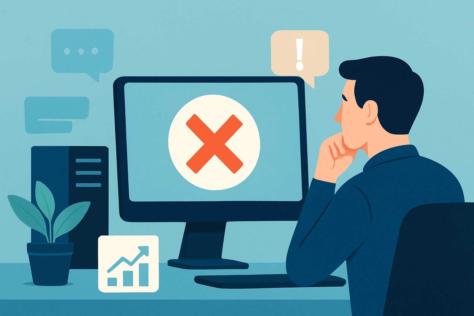 Mężczyzna zastanawiający się nad problemem komputerowym