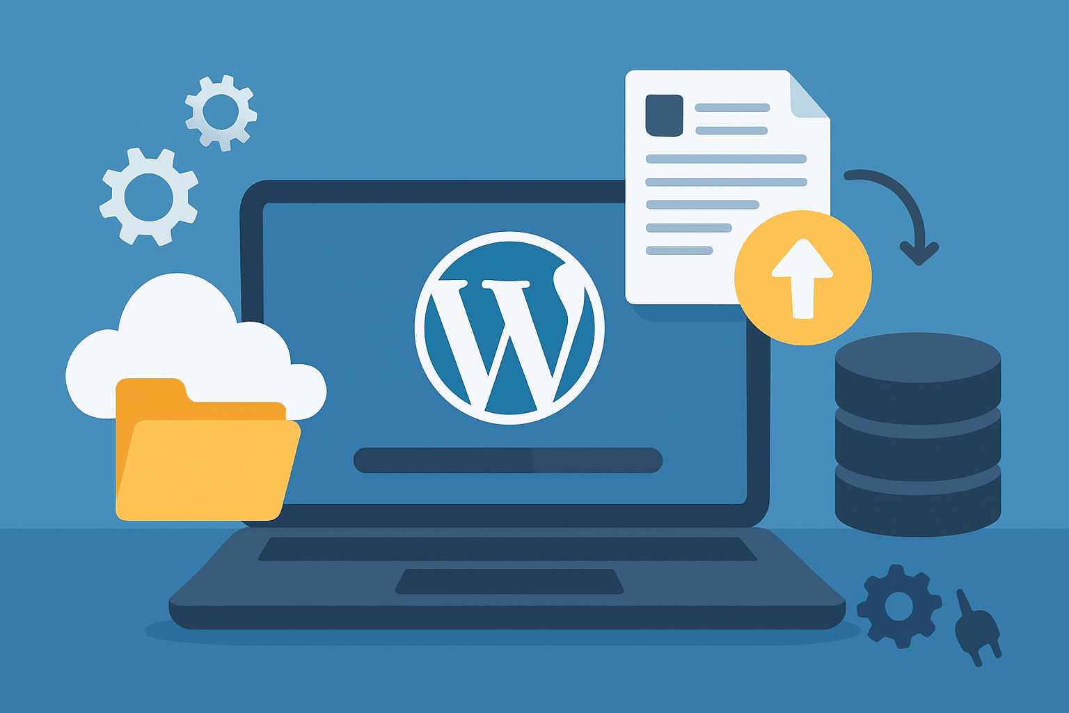 Komputer z logo WordPress i ikonami