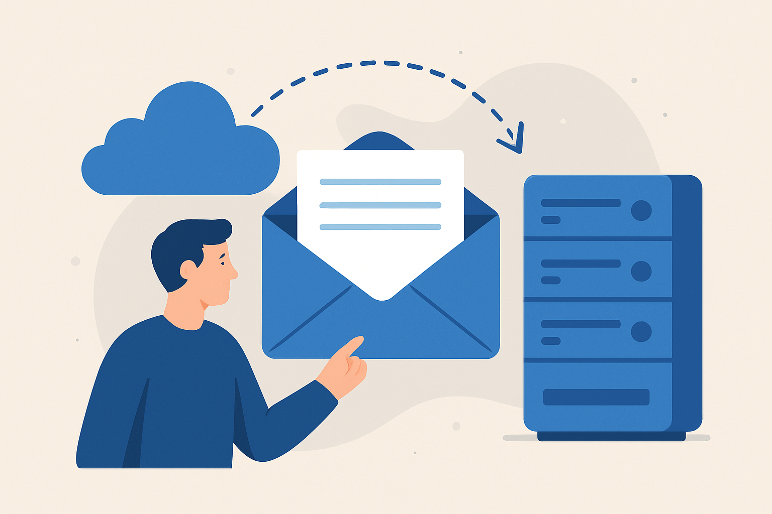 Mężczyzna z wiadomością e-mail obok serwera