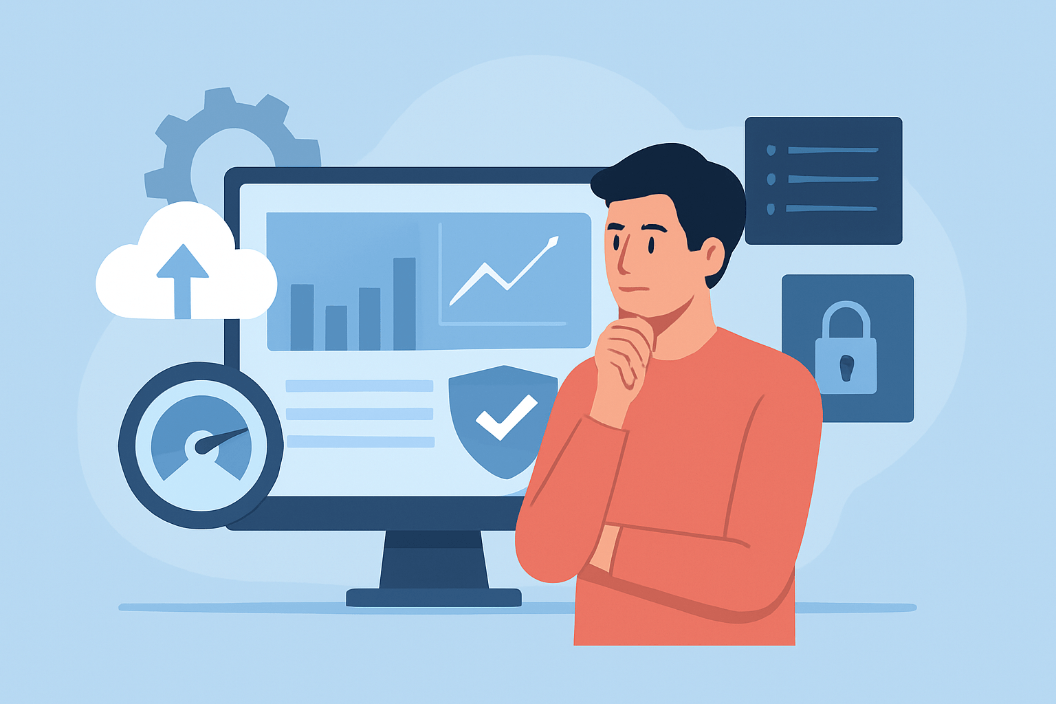 Mężczyzna myślący przy komputerze