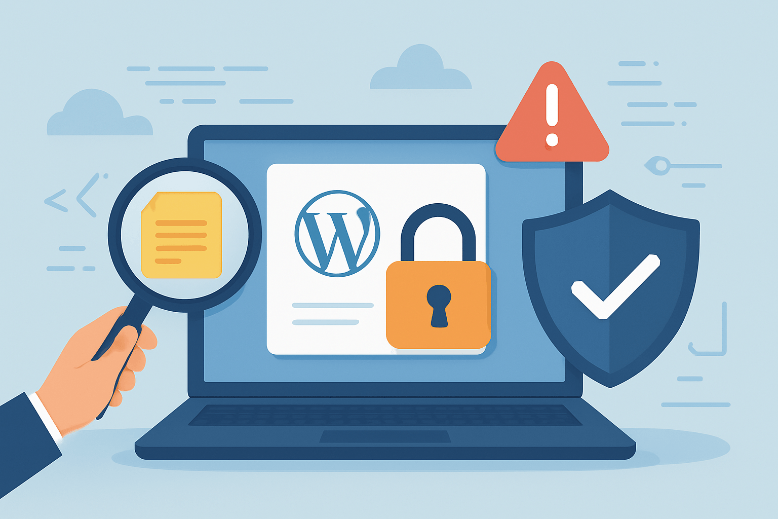 Komputer z symbolem WordPress i zabezpieczeniem.