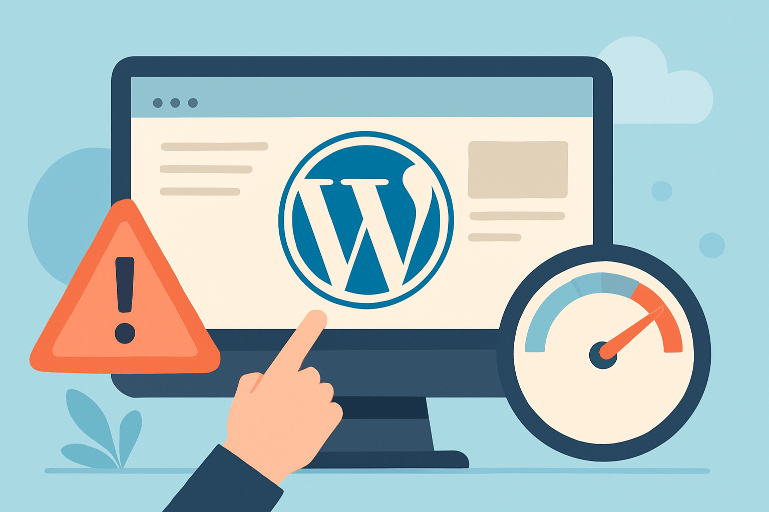 Komputer z logo WordPress i ostrzeżeniem.