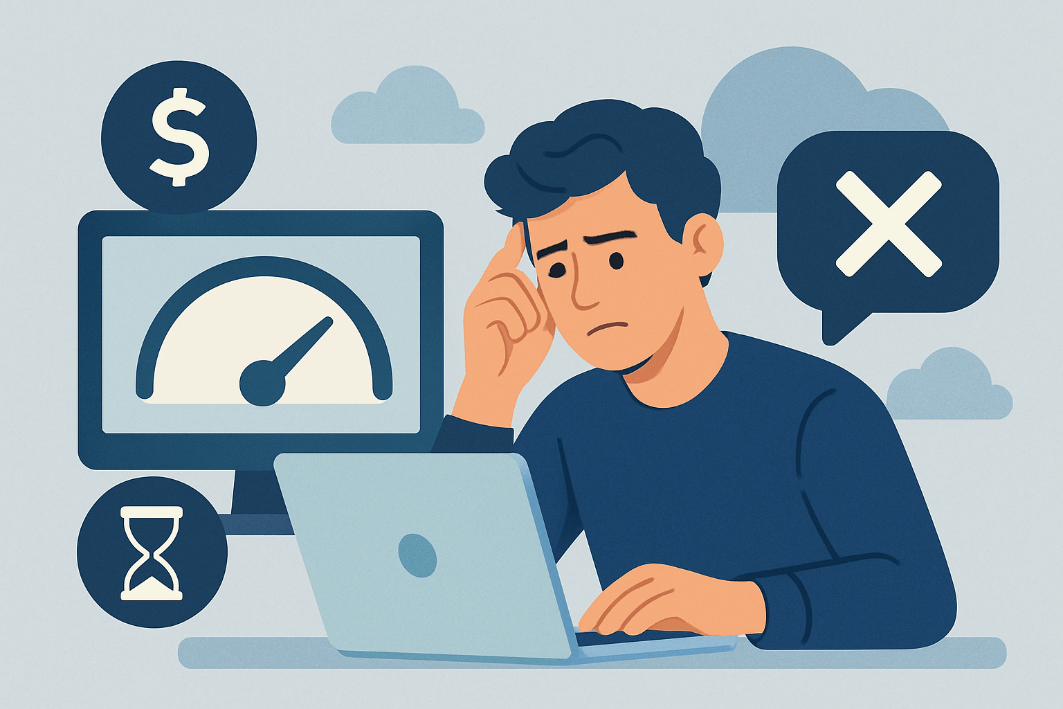 Mężczyzna przy komputerze z wyrazem zmartwienia