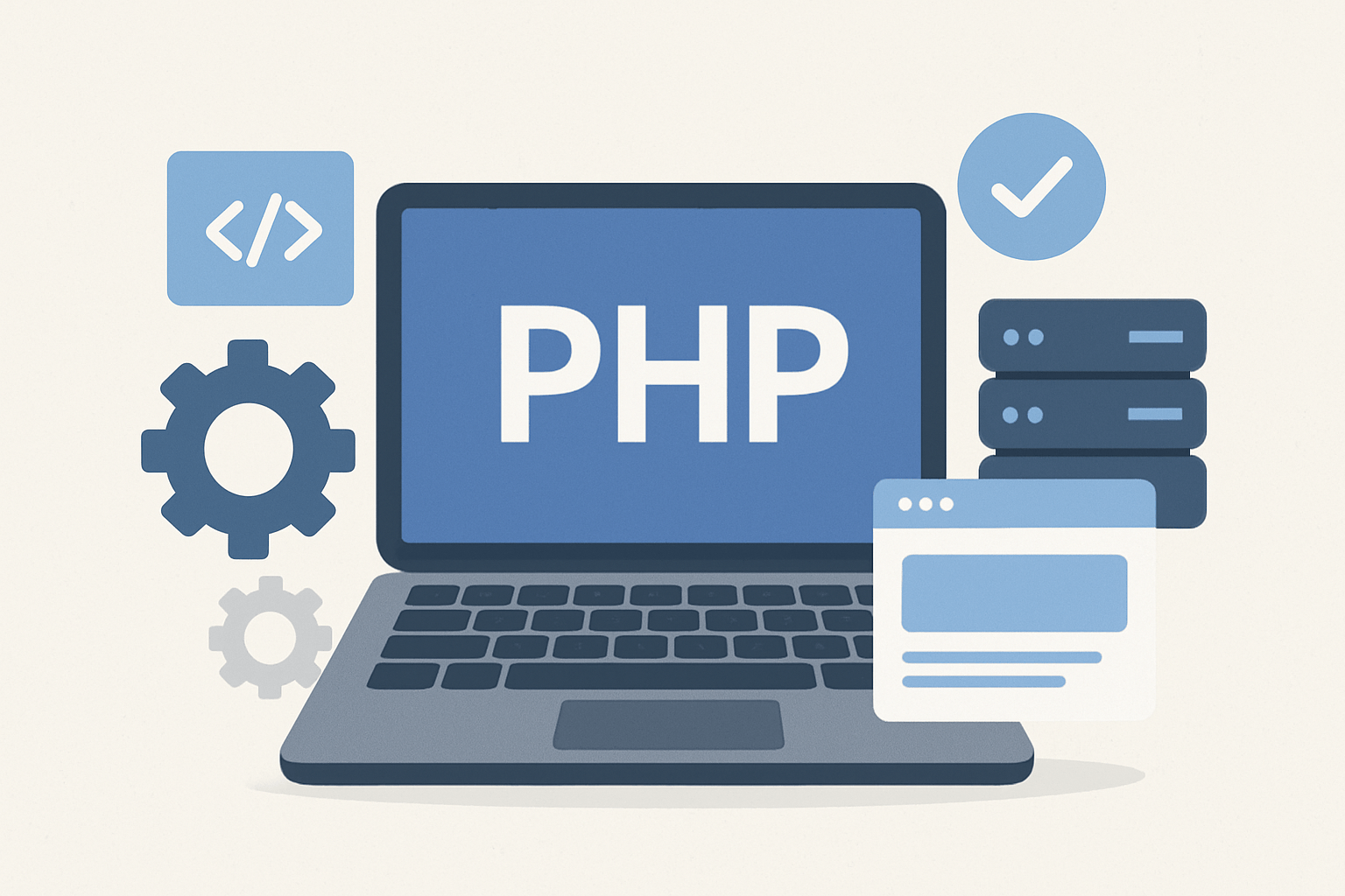 Laptop z logo PHP i symbolem programowania