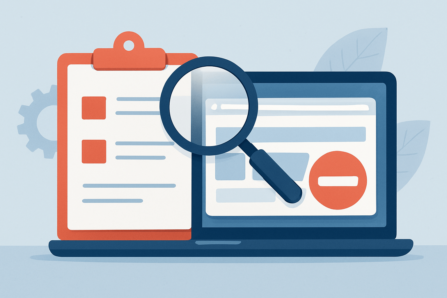 Note book and laptop with magnifying glass