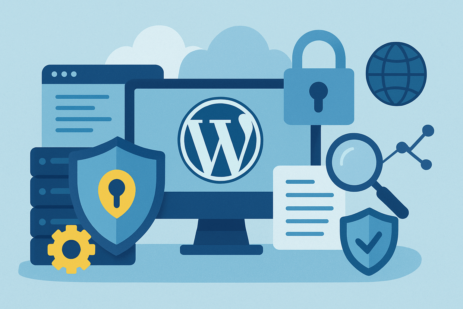 Komputer z logiem WordPress i symbolami zabezpieczeń