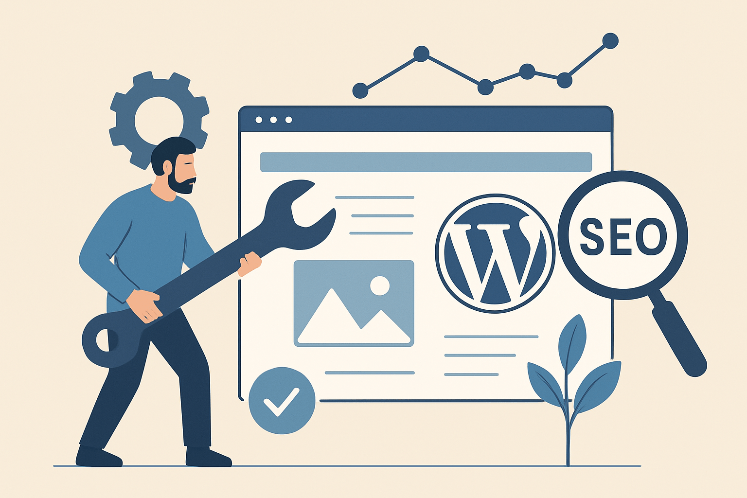 Mężczyzna z narzędziem przy stronie WordPress