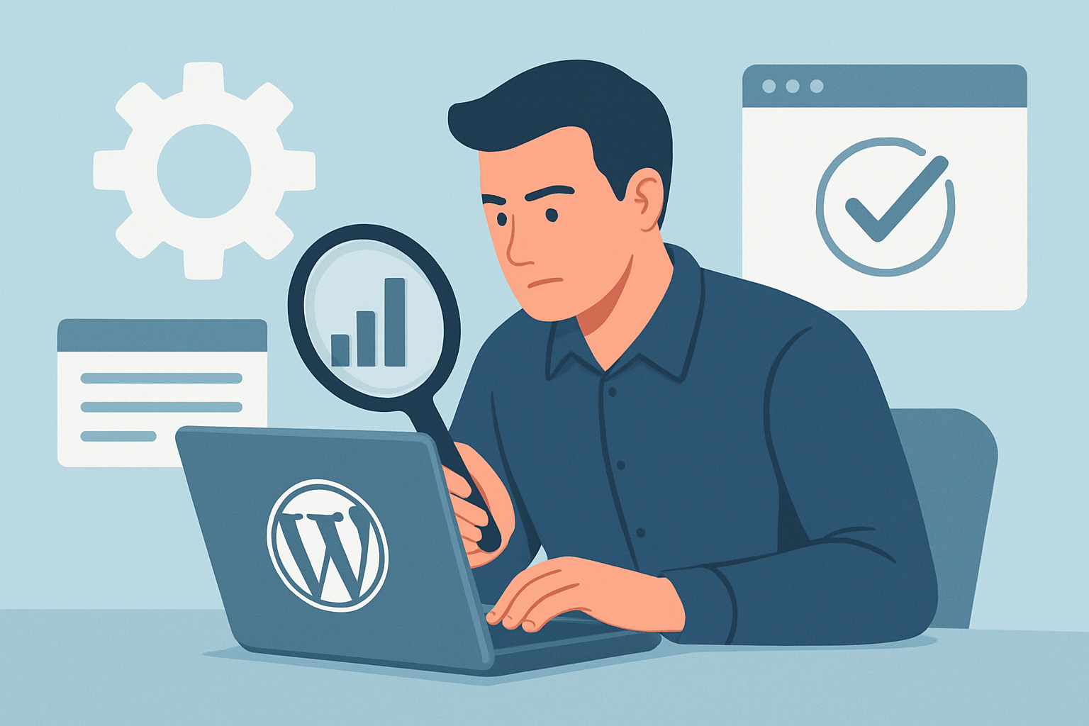 Mężczyzna pracujący na laptopie z lupą