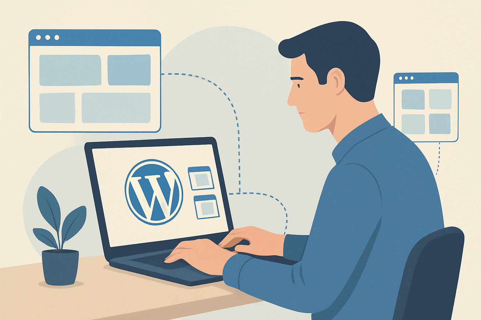 Mężczyzna pracujący na WordPressie na laptopie