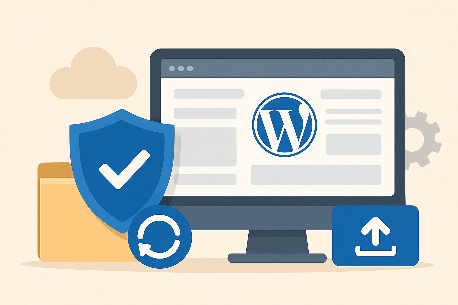 Komputer z logo WordPress i ikonami