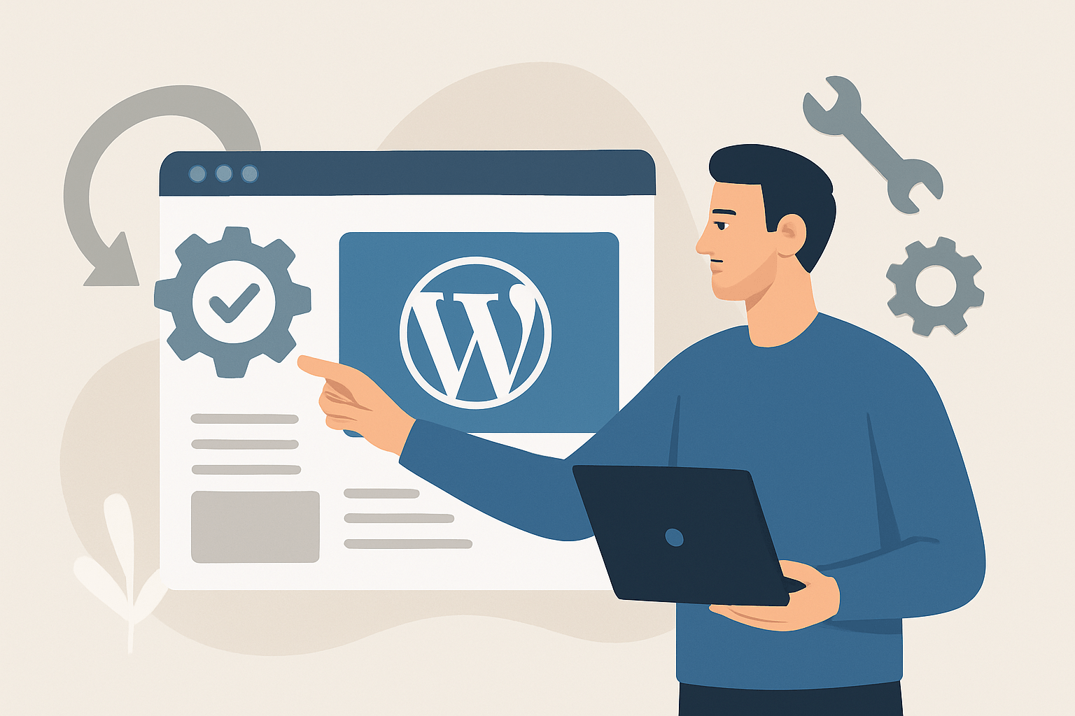 Mężczyzna z laptopem i obrazem WordPress