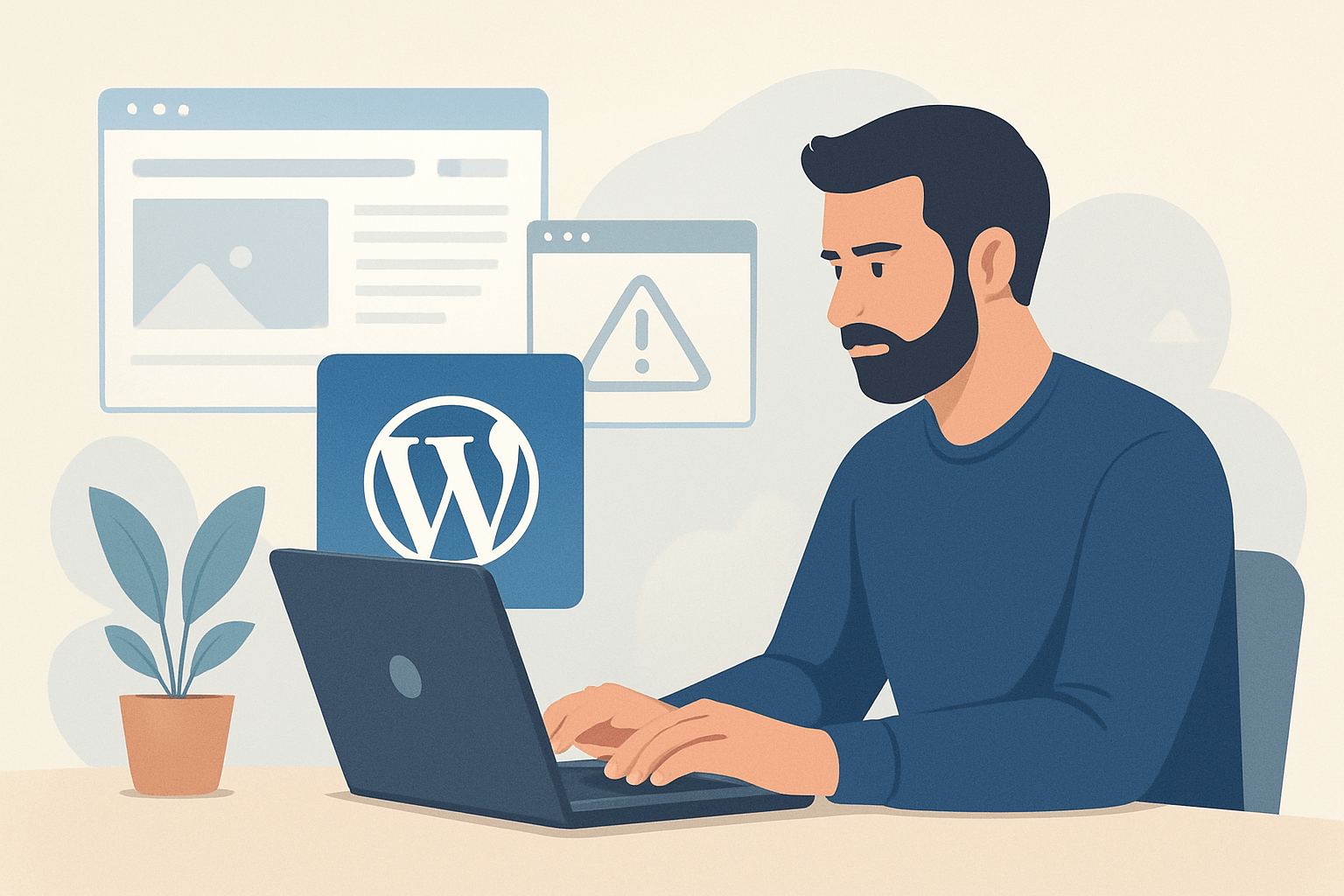 Mężczyzna pracujący na laptopie z WordPress