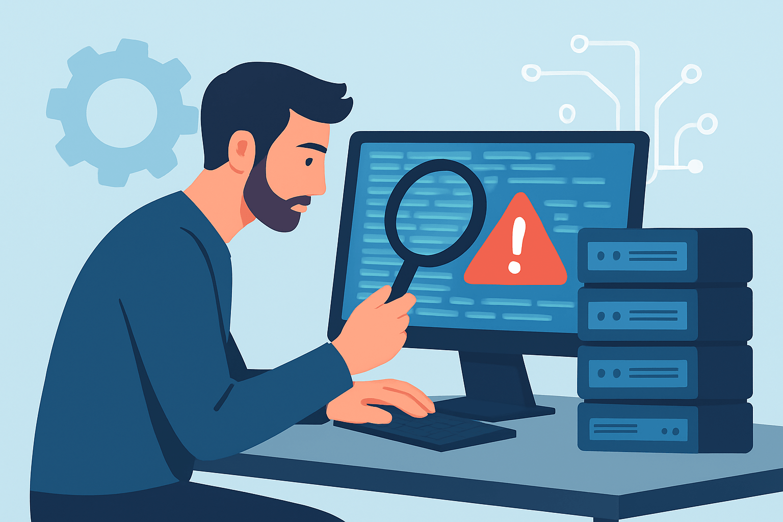 Mężczyzna przegląda komputer z ostrzeżeniem