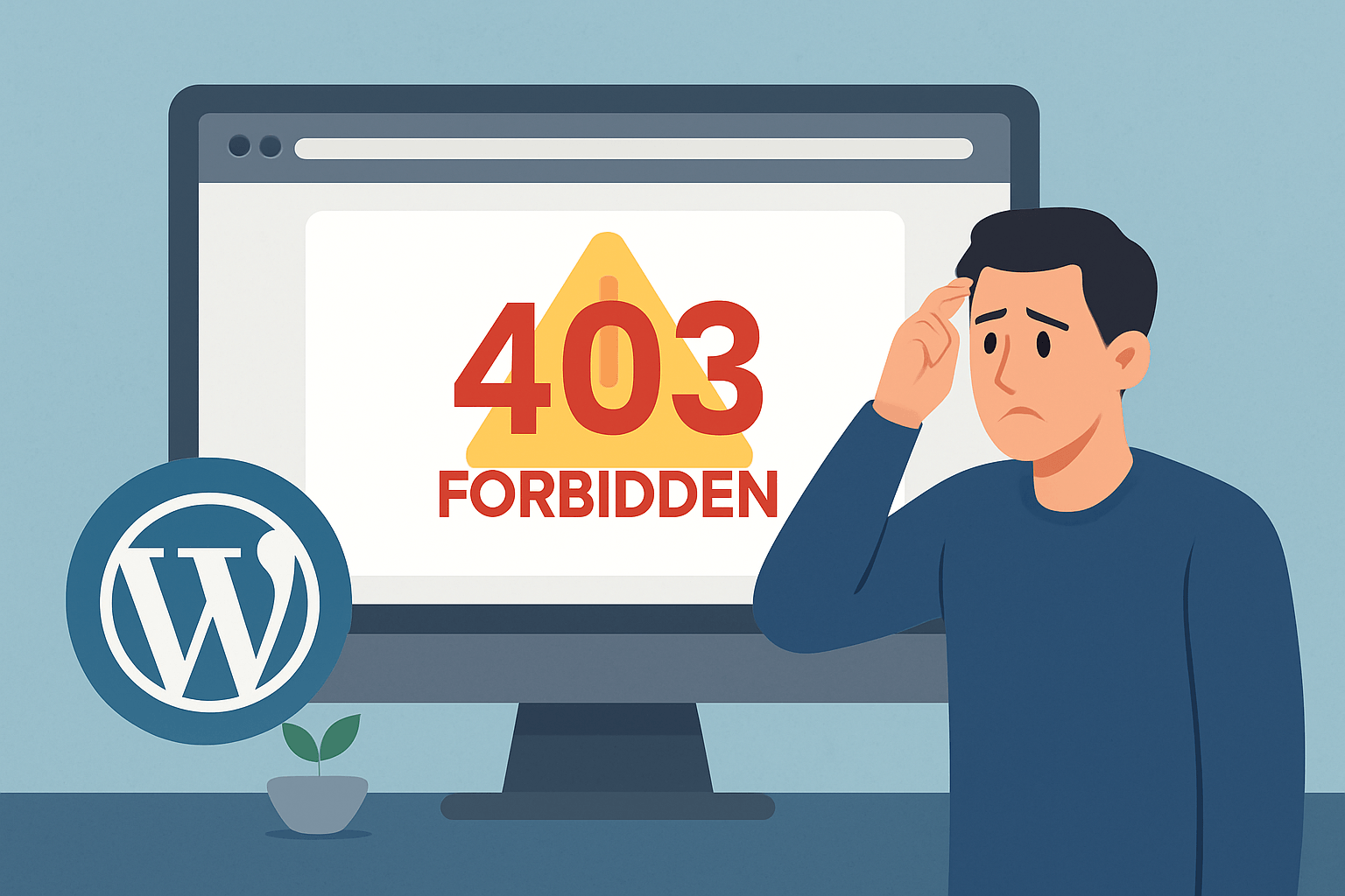 Mężczyzna przy komputerze z błędem 403