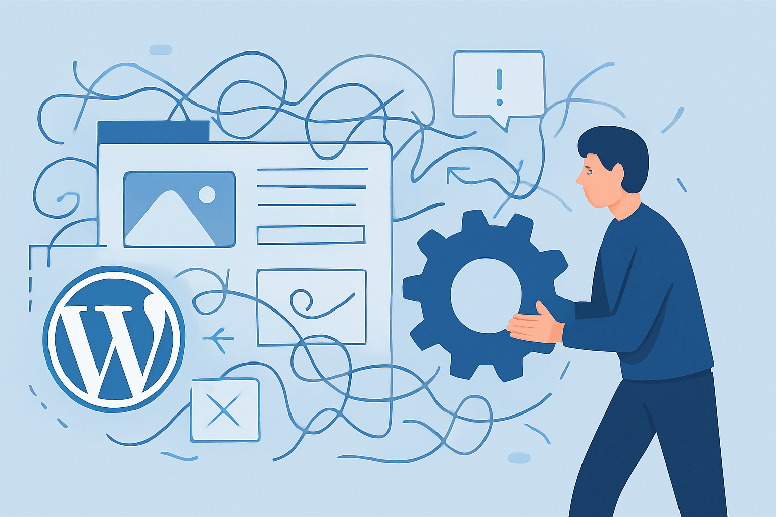 Osoba trzymająca zębatkę przy stronie WordPress