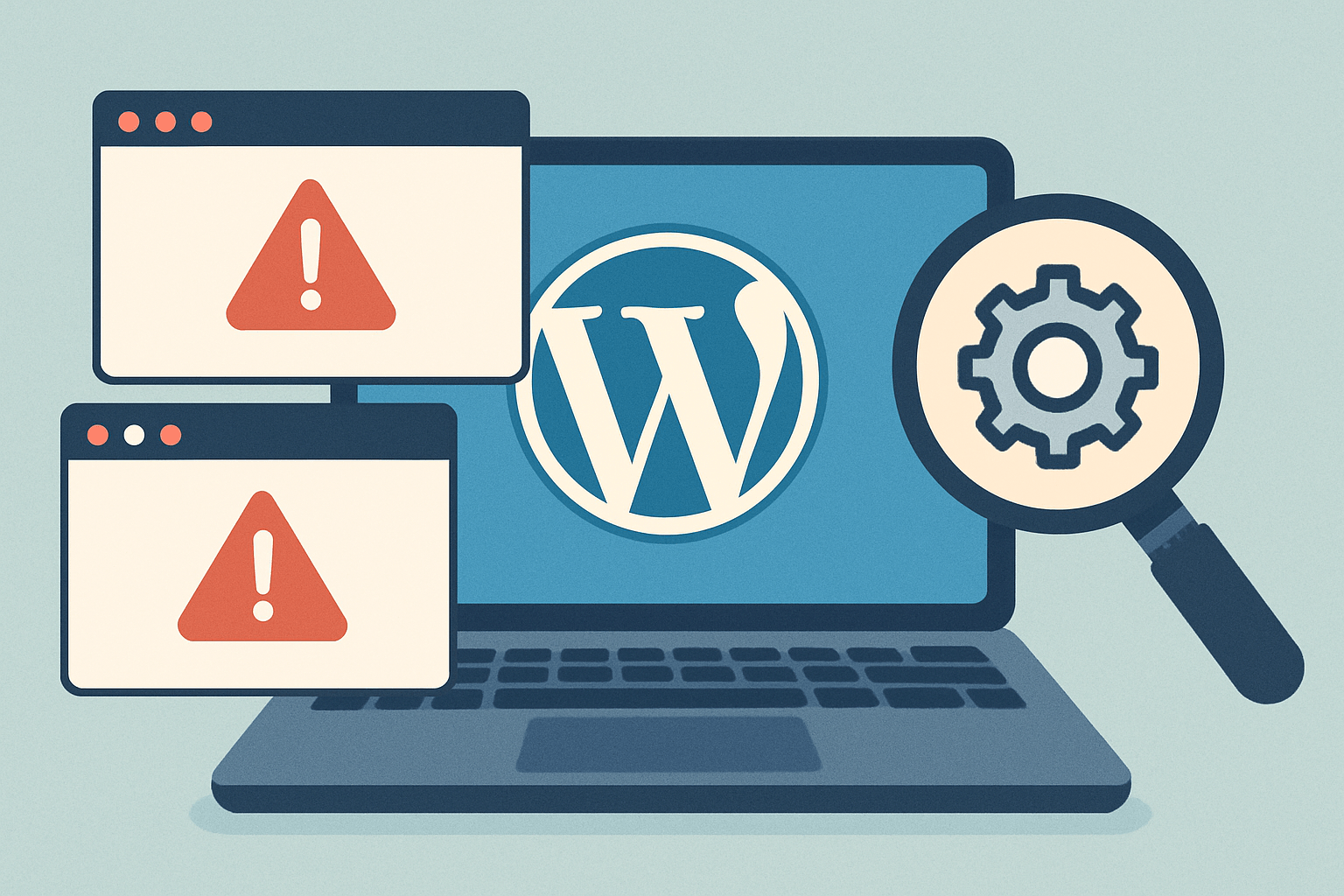 Komputer z logo WordPress i błędami