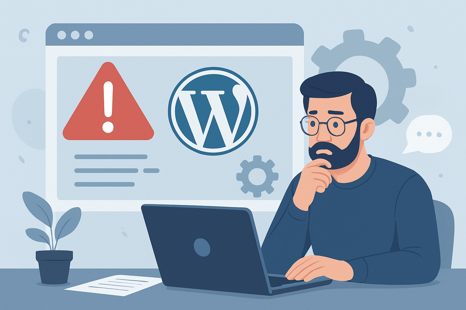 Mężczyzna z laptopem analizujący błąd WordPress