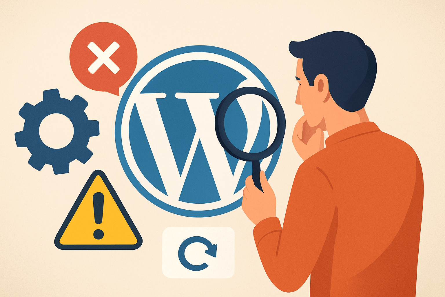 Mężczyzna analizujący logo WordPressa