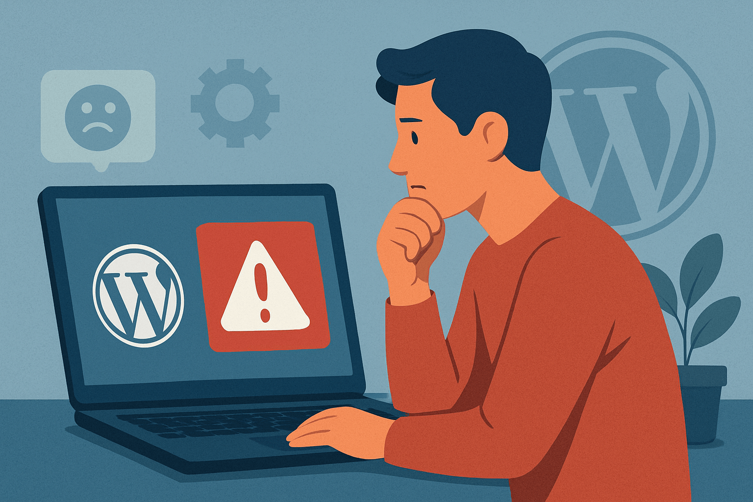 Mężczyzna przy laptopie z komunikatem o błędzie