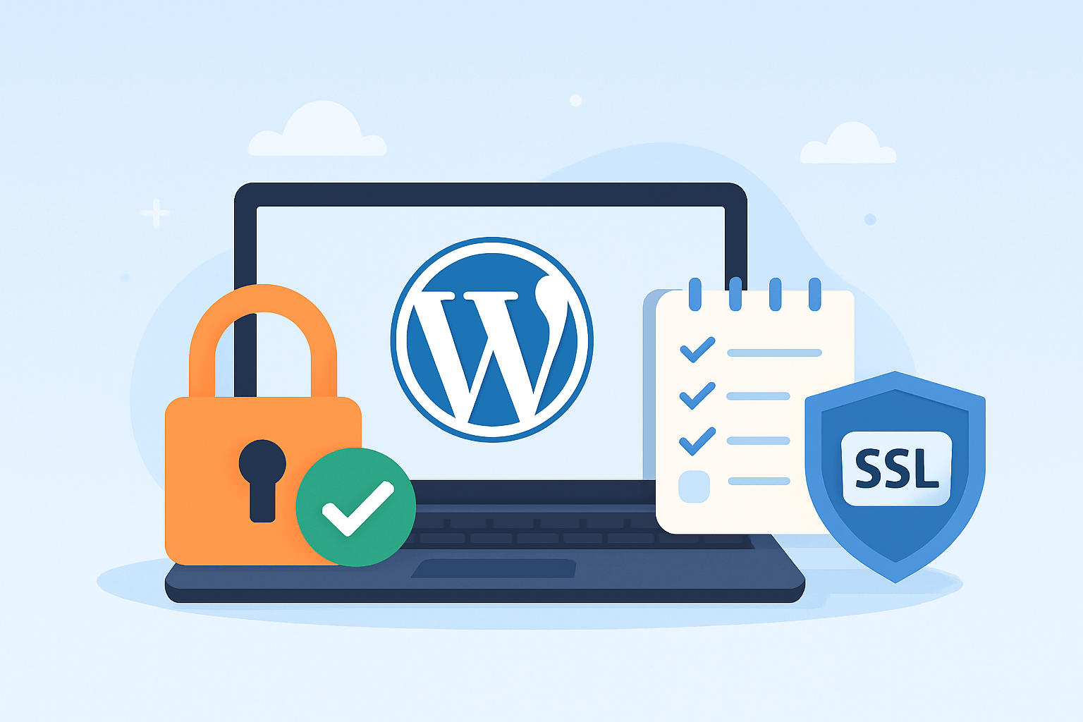 Komputer z logo WordPress i zabezpieczeniami