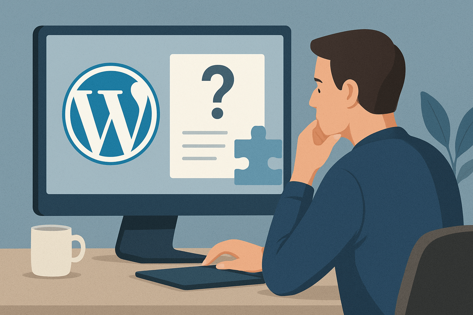 Mężczyzna pracujący z komputerem z WordPressem
