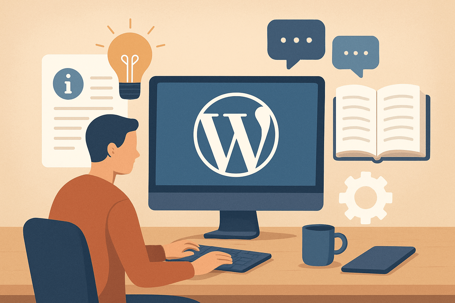 Osoba pracująca przy komputerze z logo WordPress