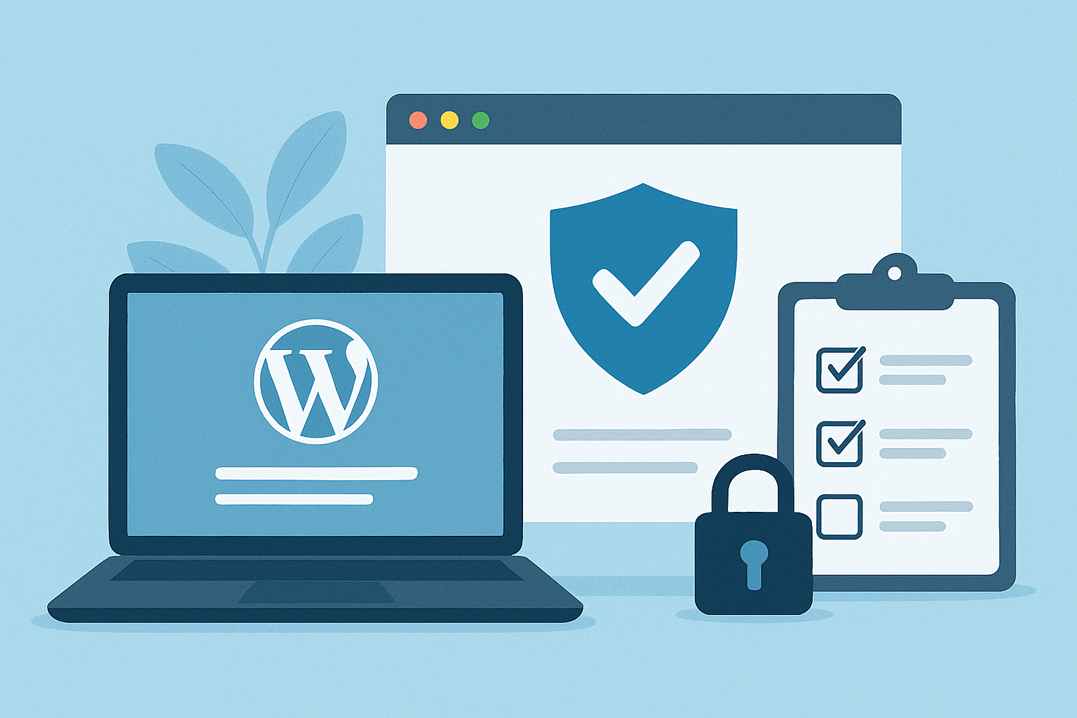 Komputer z logo WordPress i zabezpieczeniami