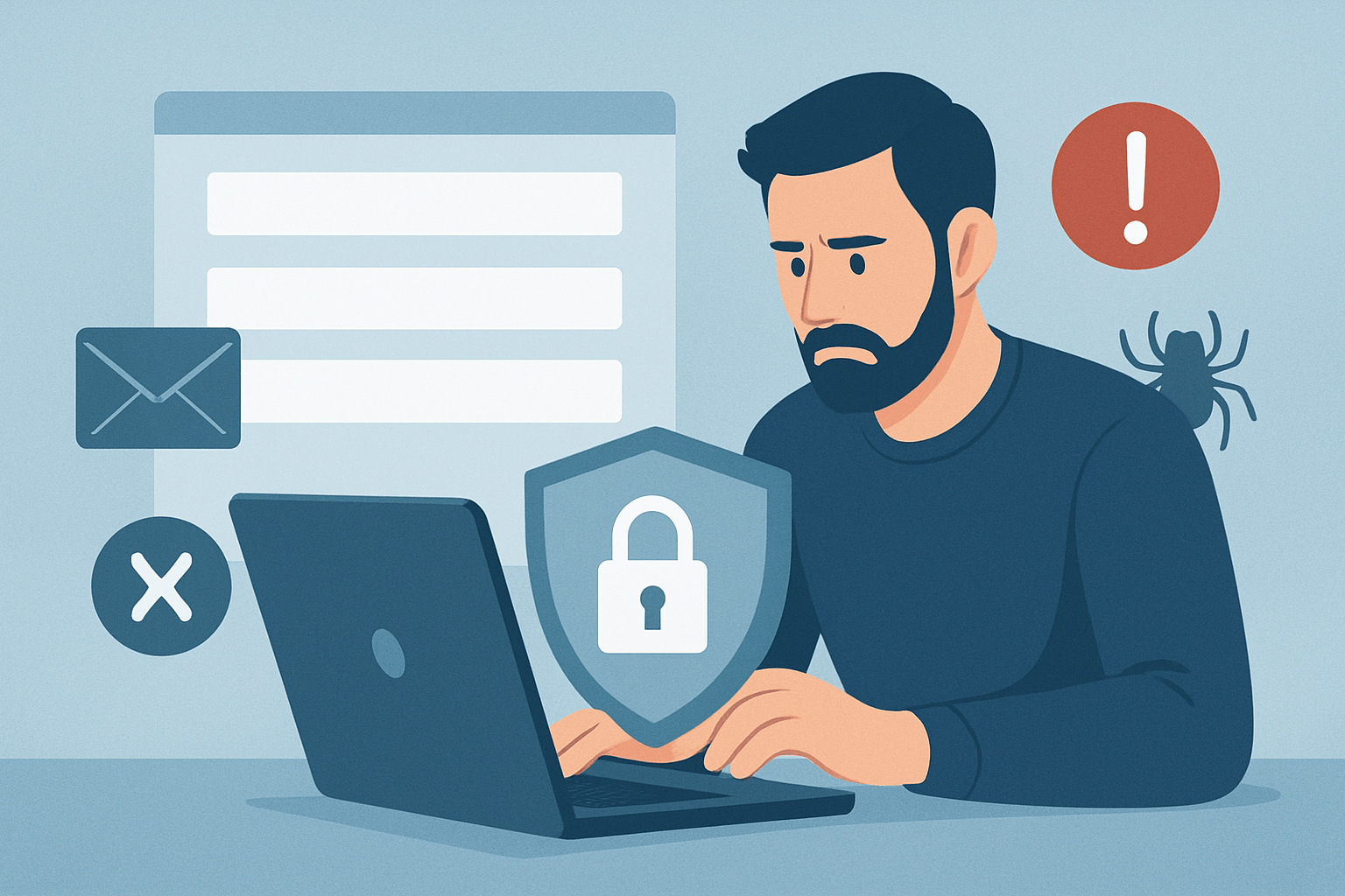 Zmartwiony mężczyzna przy laptopie, zagrożenie cyberbezpieczeństwa